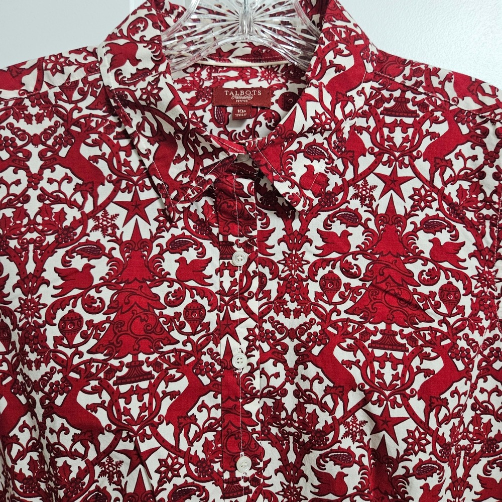 Talbots Button Down Womens 10P Red White Christmas Reindeer Haberdashery Shirt
